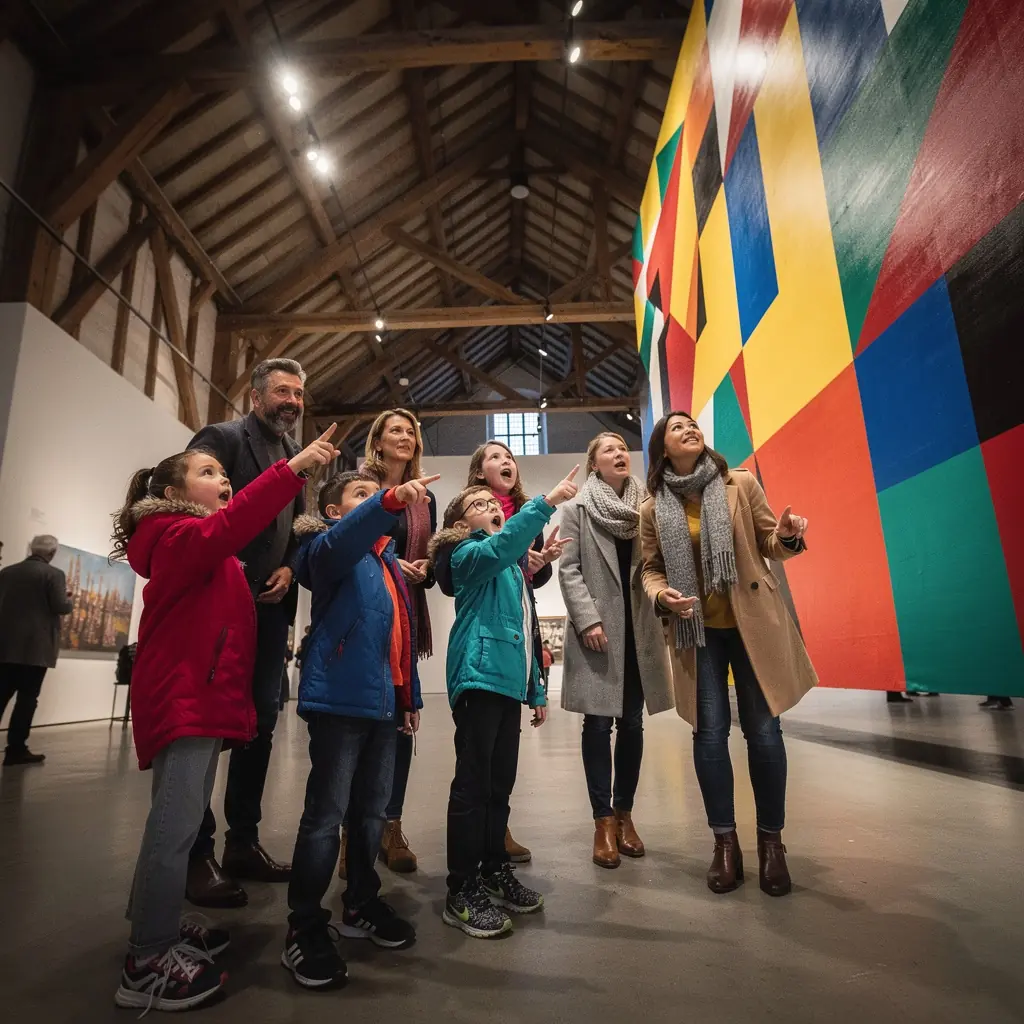 Een sfeervolle binnenruimte van een kunstmuseum met moderne sculpturen.